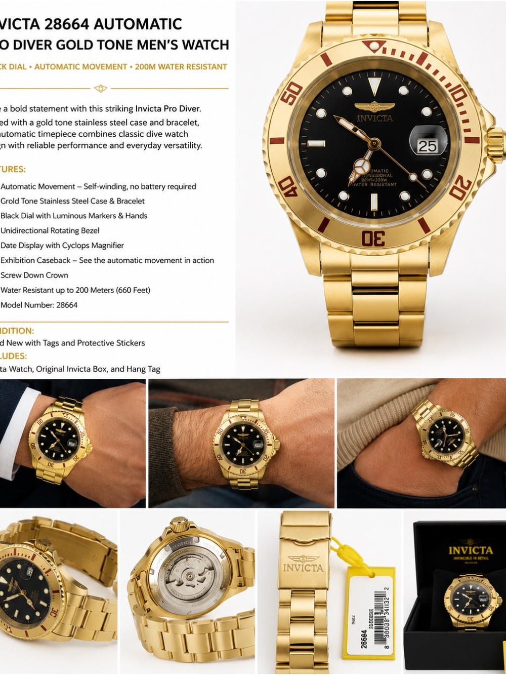 Invicta Gold Tone Men's Automatic Diver Watch - Black Dial